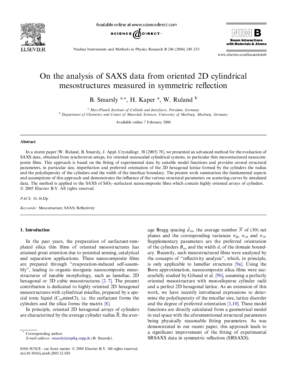 On the analysis of SAXS data from oriented 2D cylindrical mesostructures measured in symmetric reflection