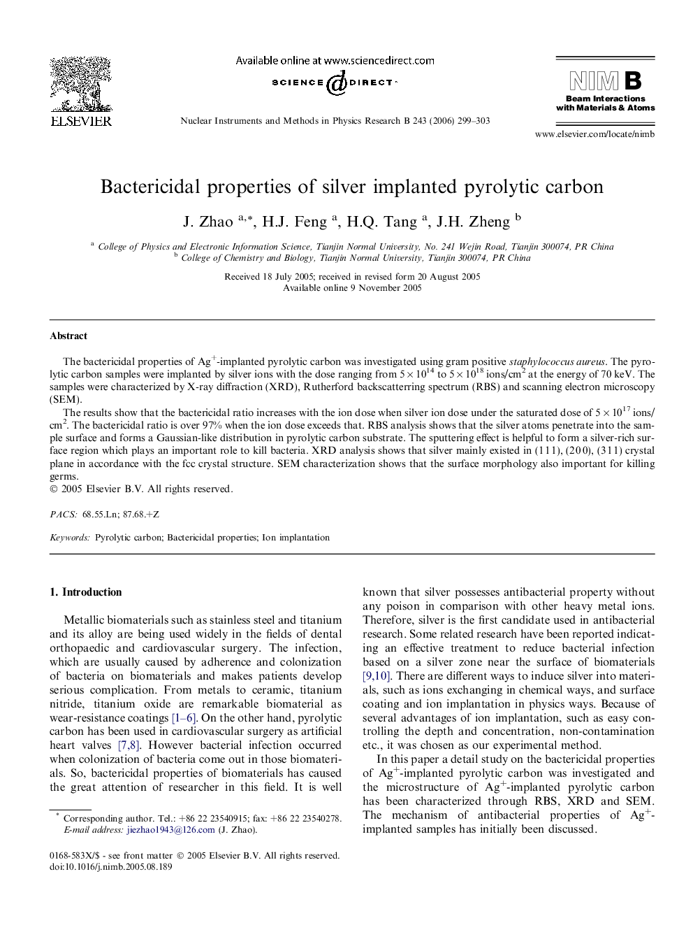 Bactericidal properties of silver implanted pyrolytic carbon