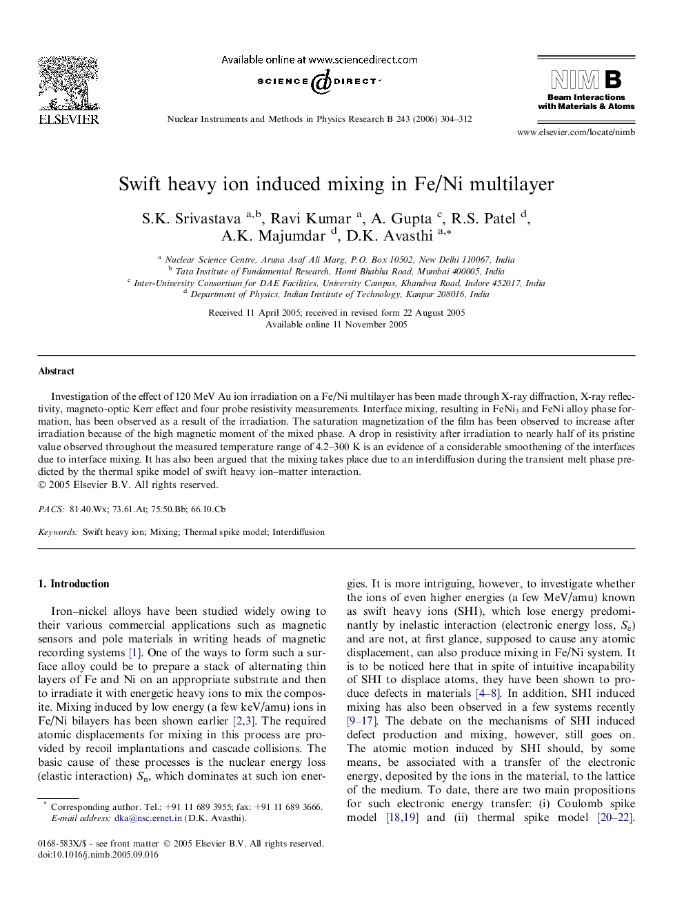 Swift heavy ion induced mixing in Fe/Ni multilayer