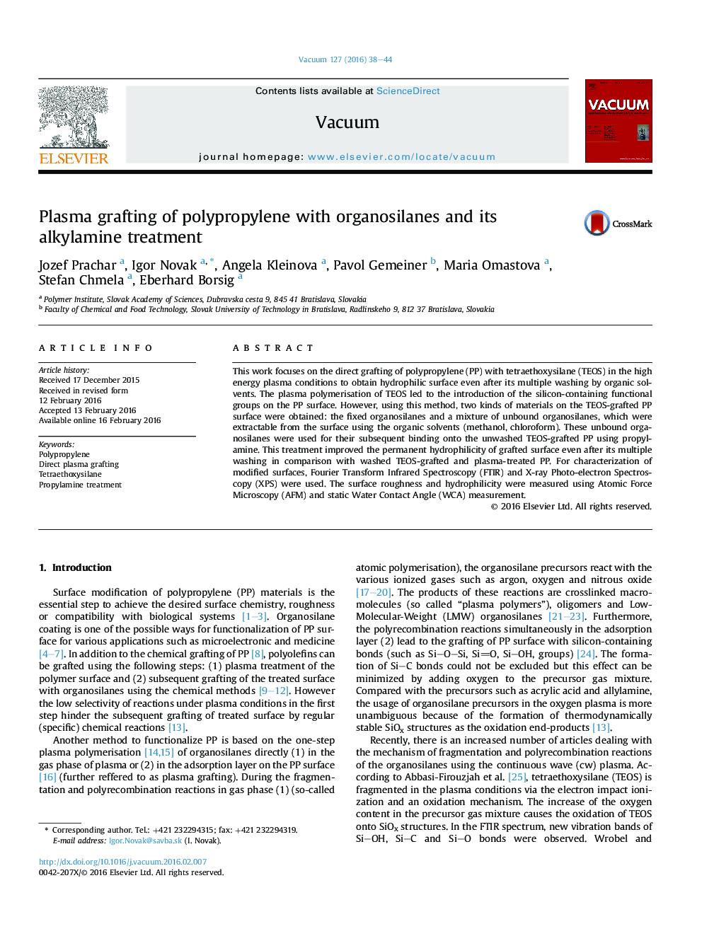 Plasma grafting of polypropylene with organosilanes and its alkylamine treatment