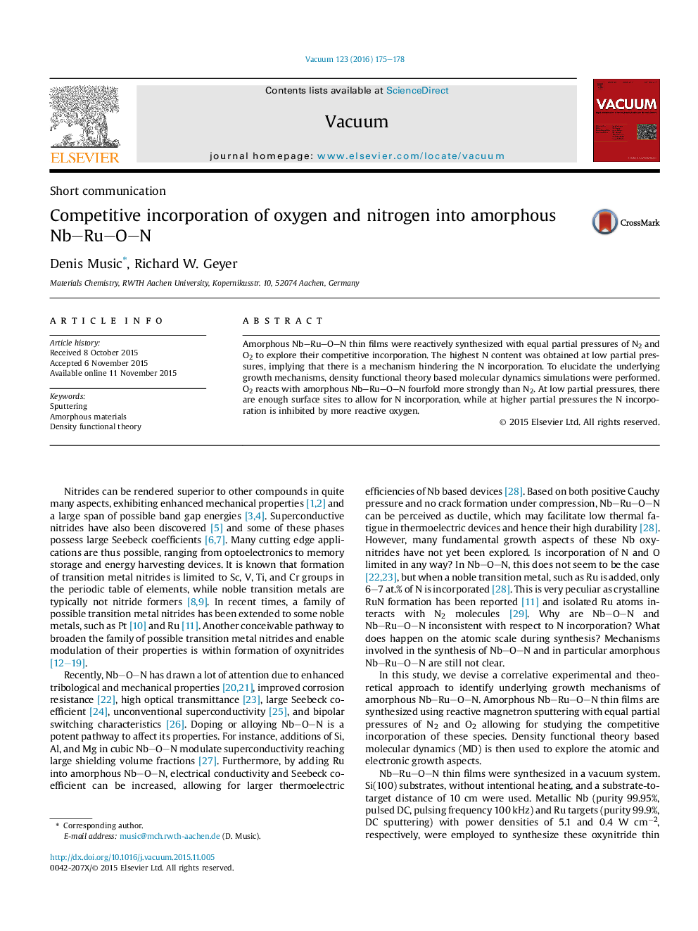 Competitive incorporation of oxygen and nitrogen into amorphous Nb–Ru–O–N