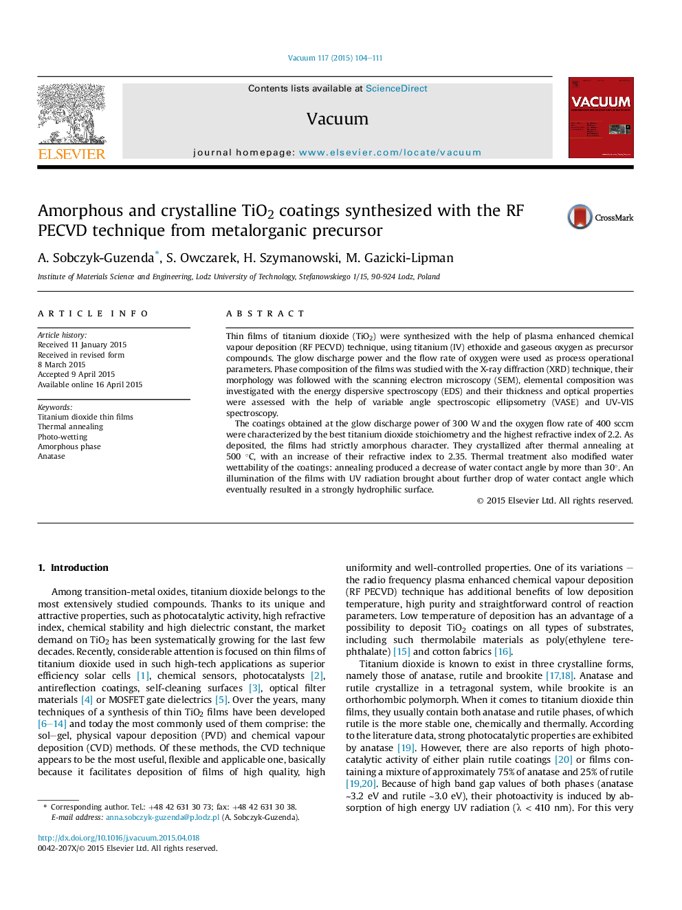 Amorphous and crystalline TiO2 coatings synthesized with the RF PECVD technique from metalorganic precursor