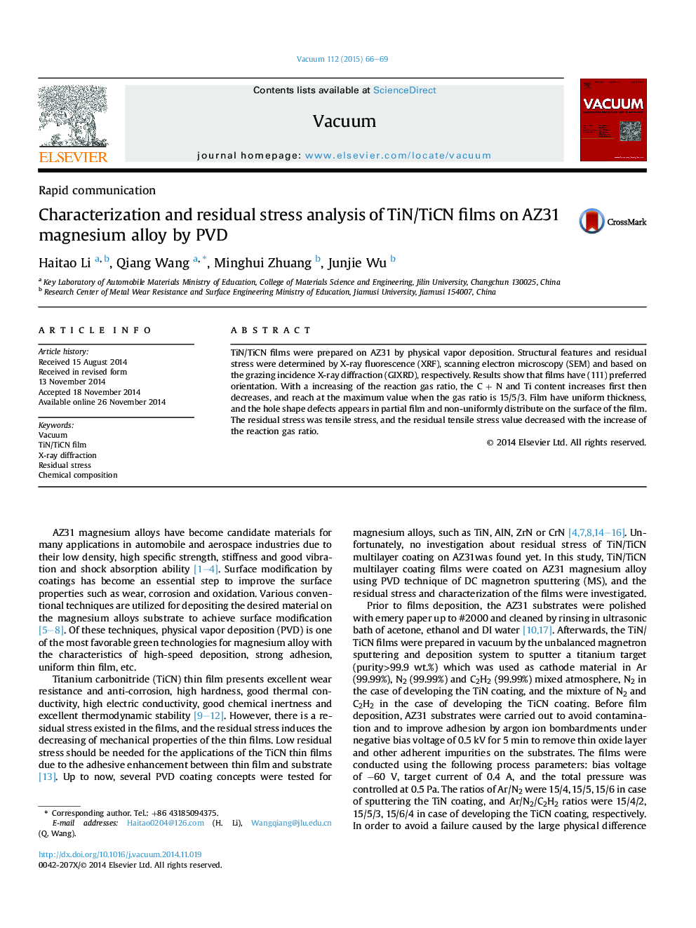 Characterization and residual stress analysis of TiN/TiCN films on AZ31 magnesium alloy by PVD