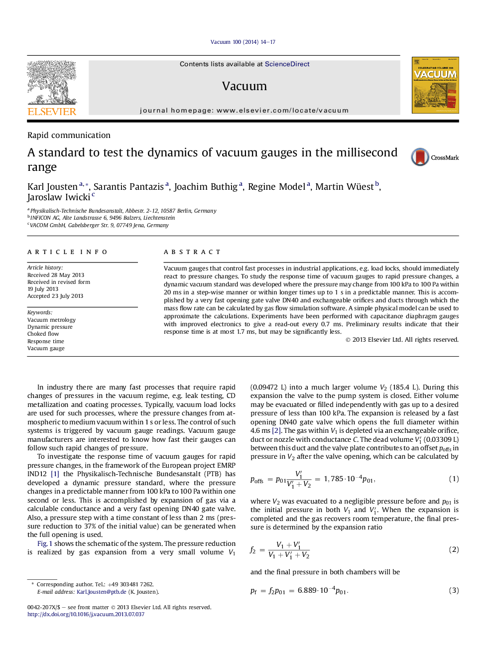 A standard to test the dynamics of vacuum gauges in the millisecond range