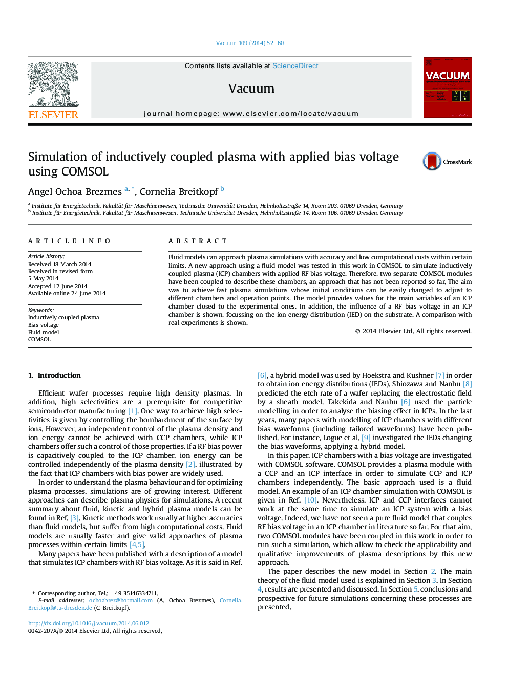 Simulation of inductively coupled plasma with applied bias voltage using COMSOL