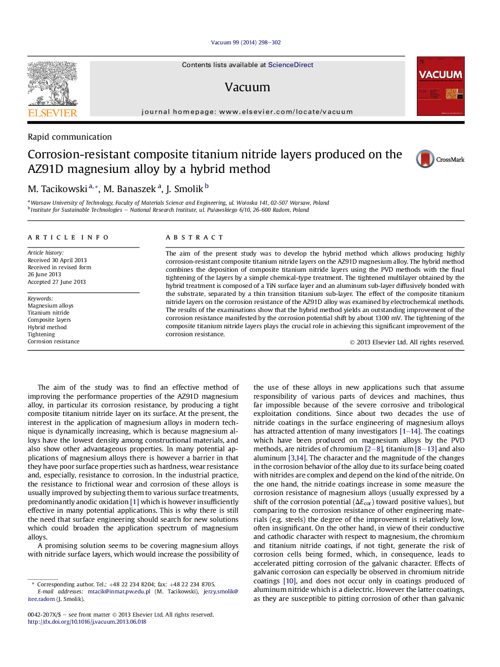 Corrosion-resistant composite titanium nitride layers produced on the AZ91D magnesium alloy by a hybrid method