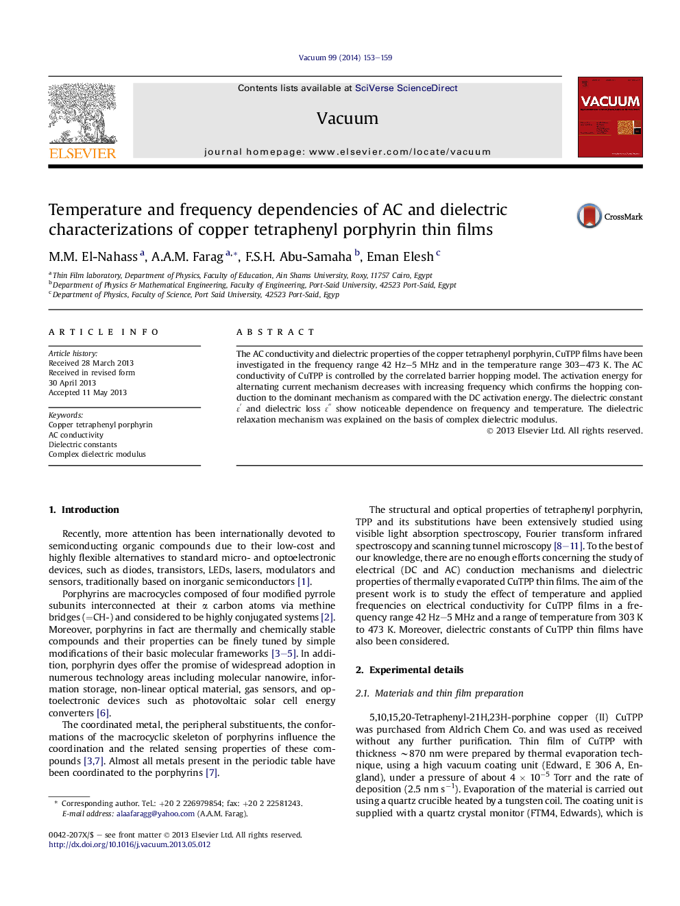 عکس صفحه اول مقاله: Temperature and frequency dependencies of AC and dielectric characterizations of copper tetraphenyl porphyrin thin films Temperature and frequency dependencies of AC and dielectric characterizations of copper tetraphenyl porphyrin thin films