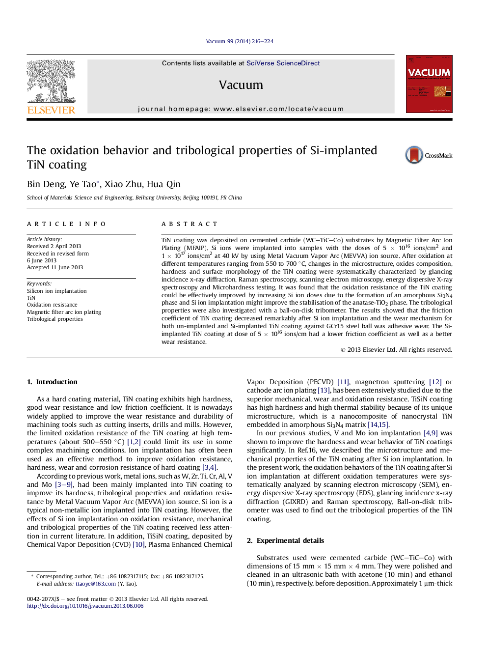 The oxidation behavior and tribological properties of Si-implanted TiN coating