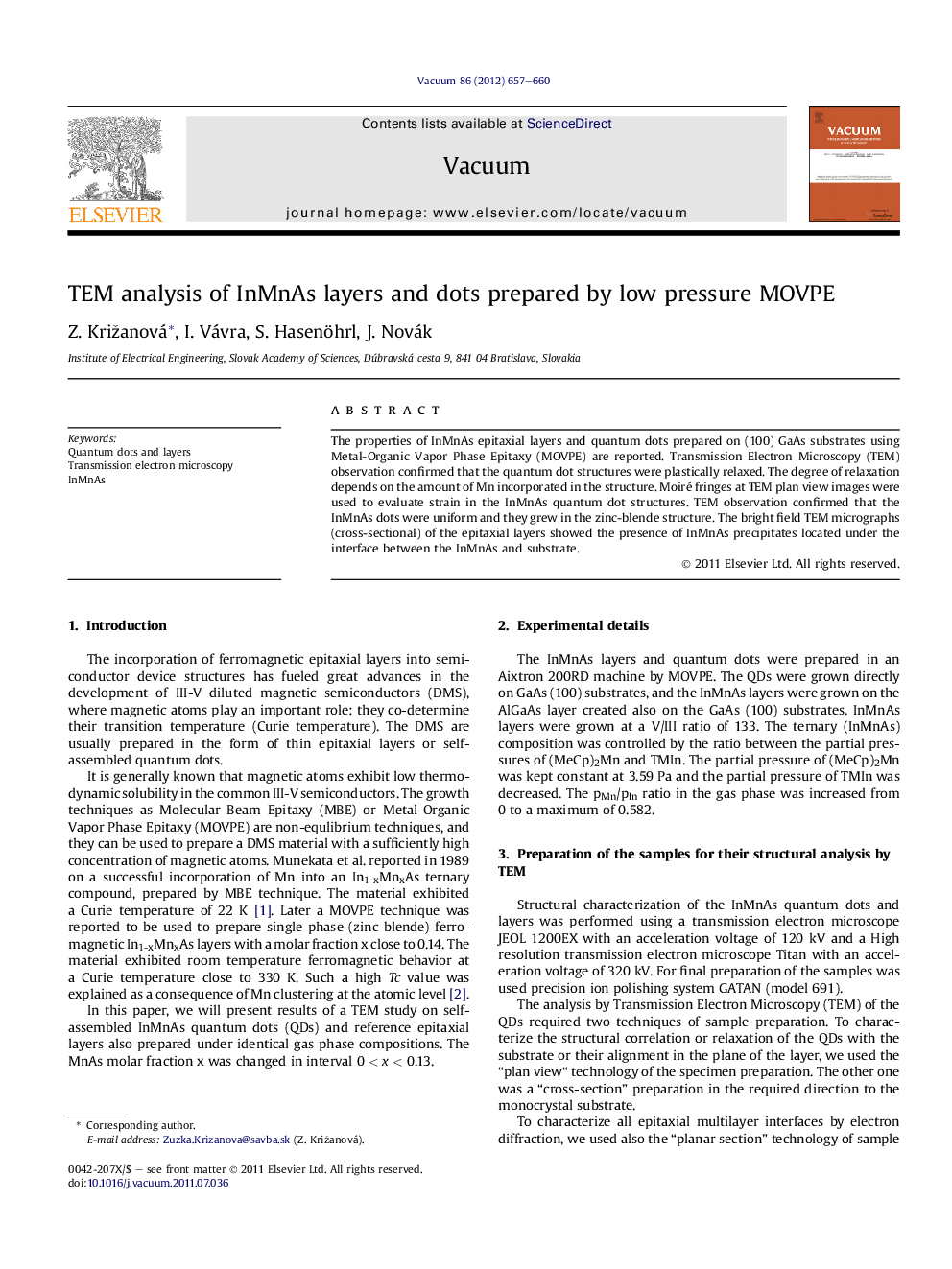 TEM analysis of InMnAs layers and dots prepared by low pressure MOVPE