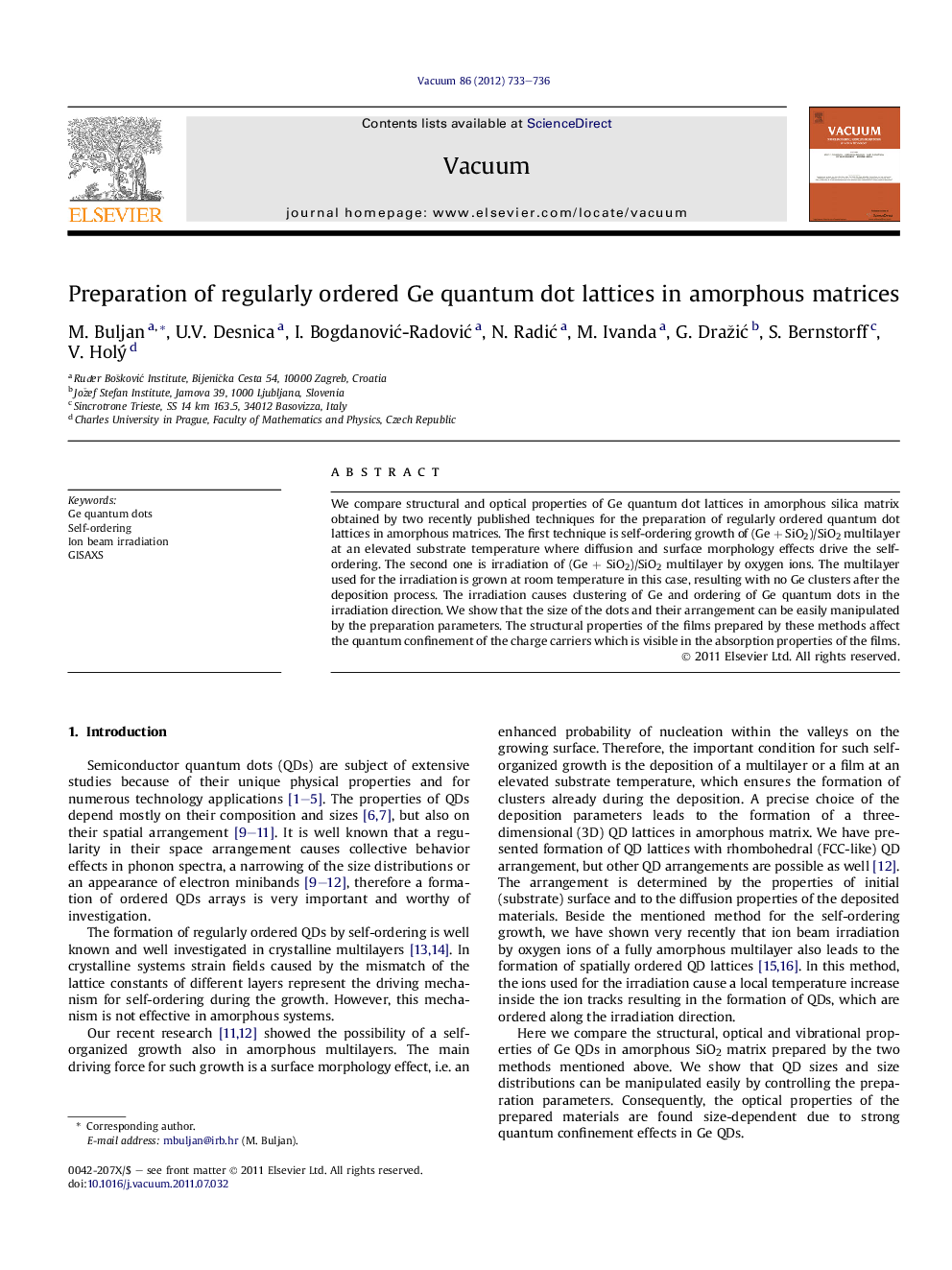 Preparation of regularly ordered Ge quantum dot lattices in amorphous matrices