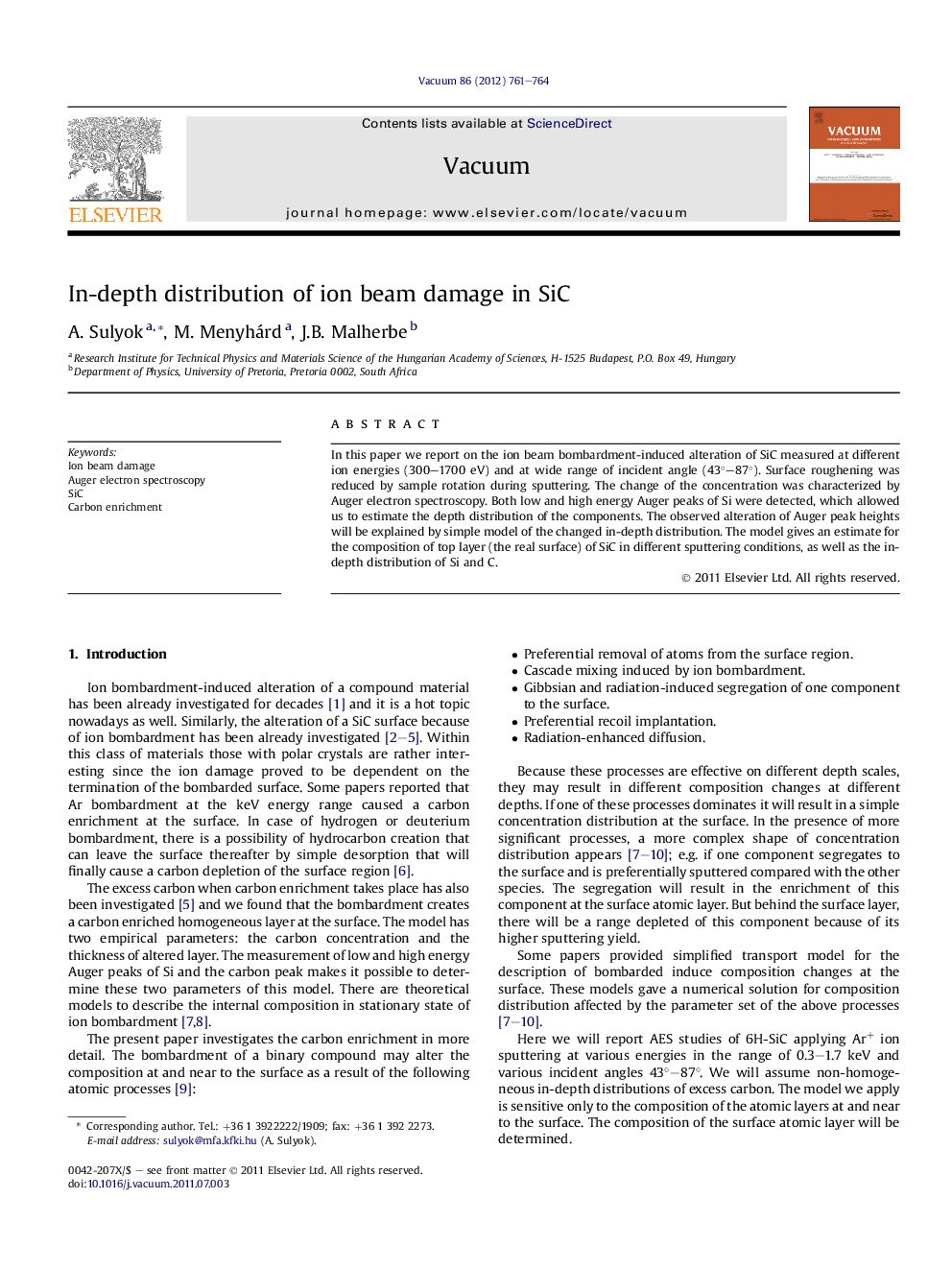 In-depth distribution of ion beam damage in SiC