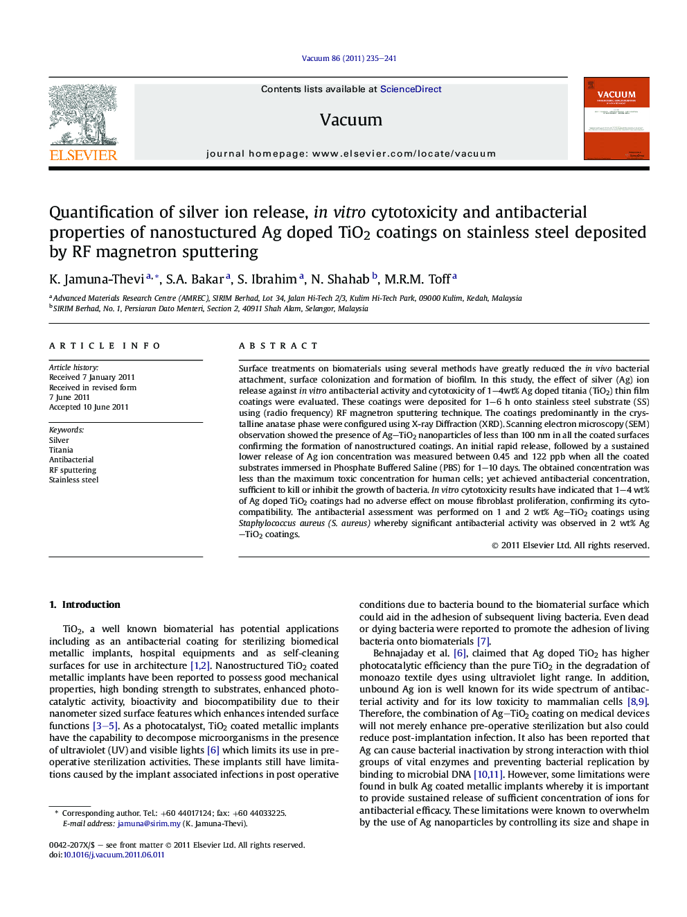 Quantification of silver ion release, in vitro cytotoxicity and antibacterial properties of nanostuctured Ag doped TiO2 coatings on stainless steel deposited by RF magnetron sputtering