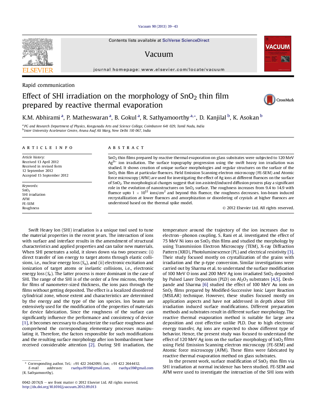 Effect of SHI irradiation on the morphology of SnO2 thin film prepared by reactive thermal evaporation