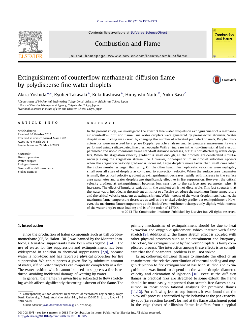 Extinguishment of counterflow methane/air diffusion flame by polydisperse fine water droplets