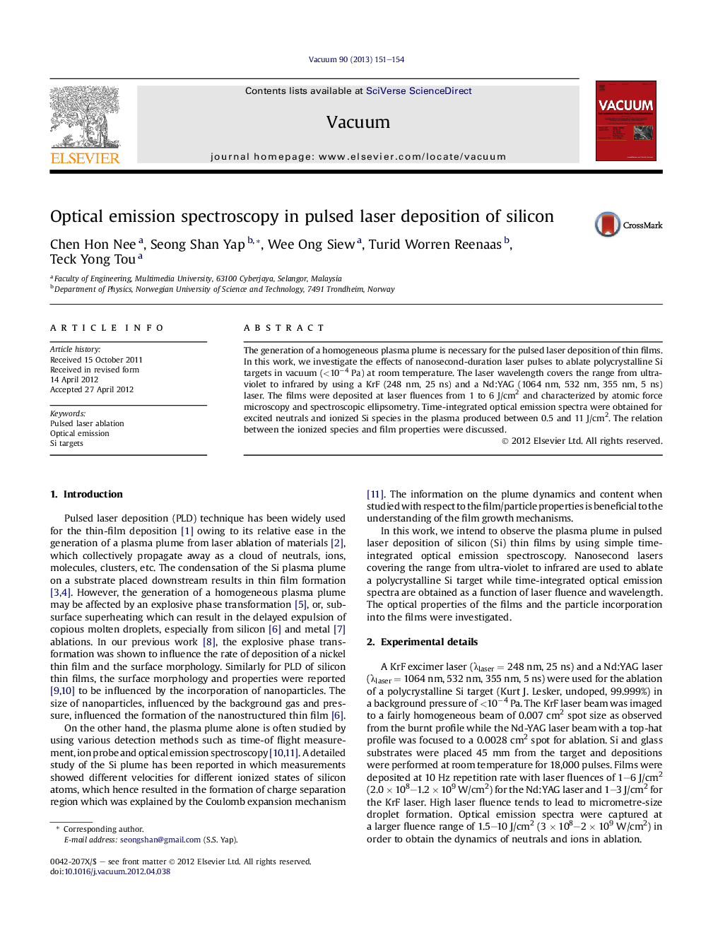 Optical emission spectroscopy in pulsed laser deposition of silicon