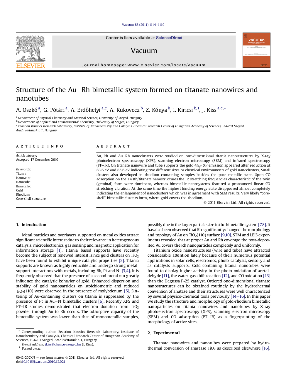 Structure of the Au–Rh bimetallic system formed on titanate nanowires and nanotubes