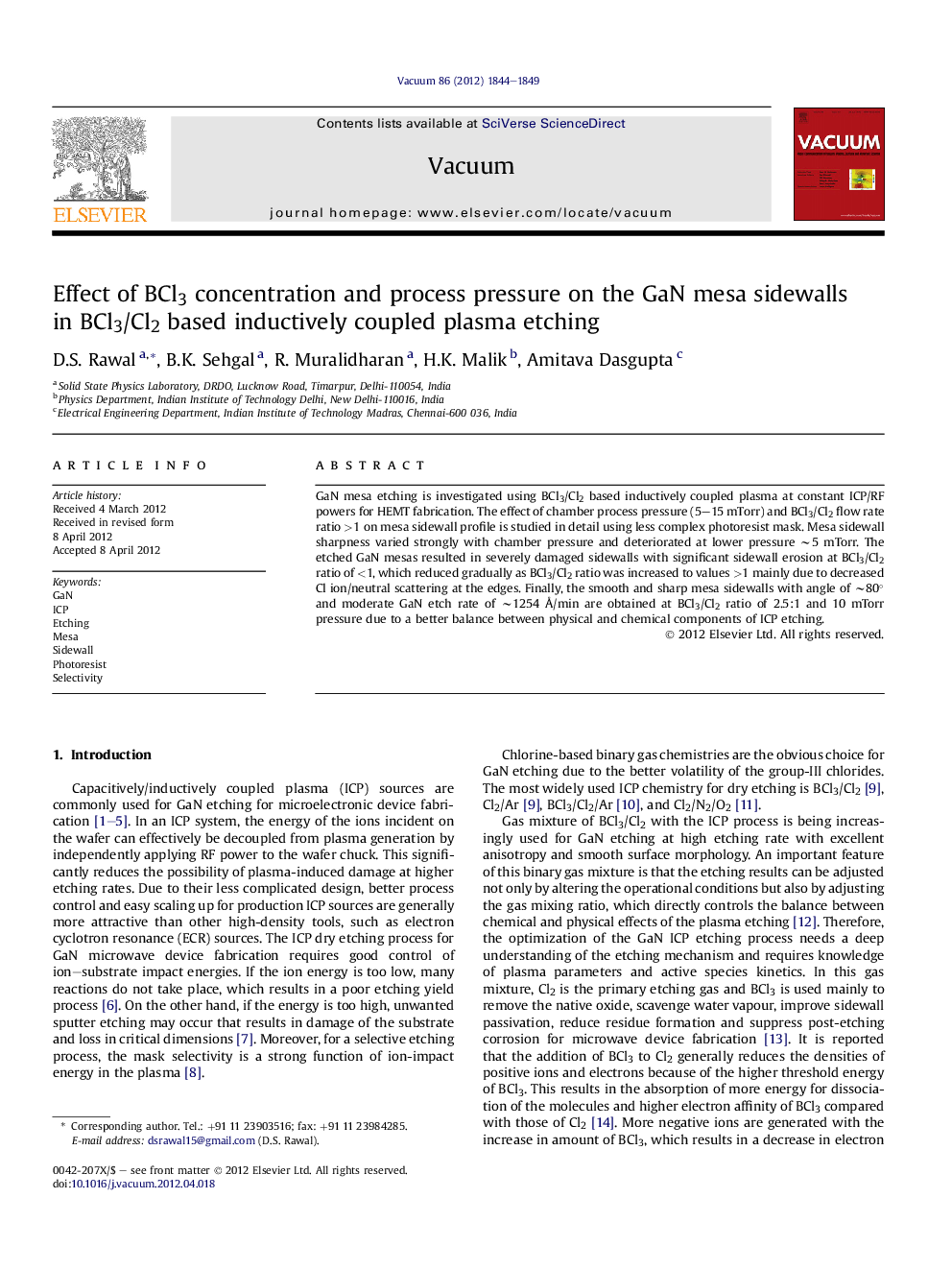 Effect of BCl3 concentration and process pressure on the GaN mesa sidewalls in BCl3/Cl2 based inductively coupled plasma etching