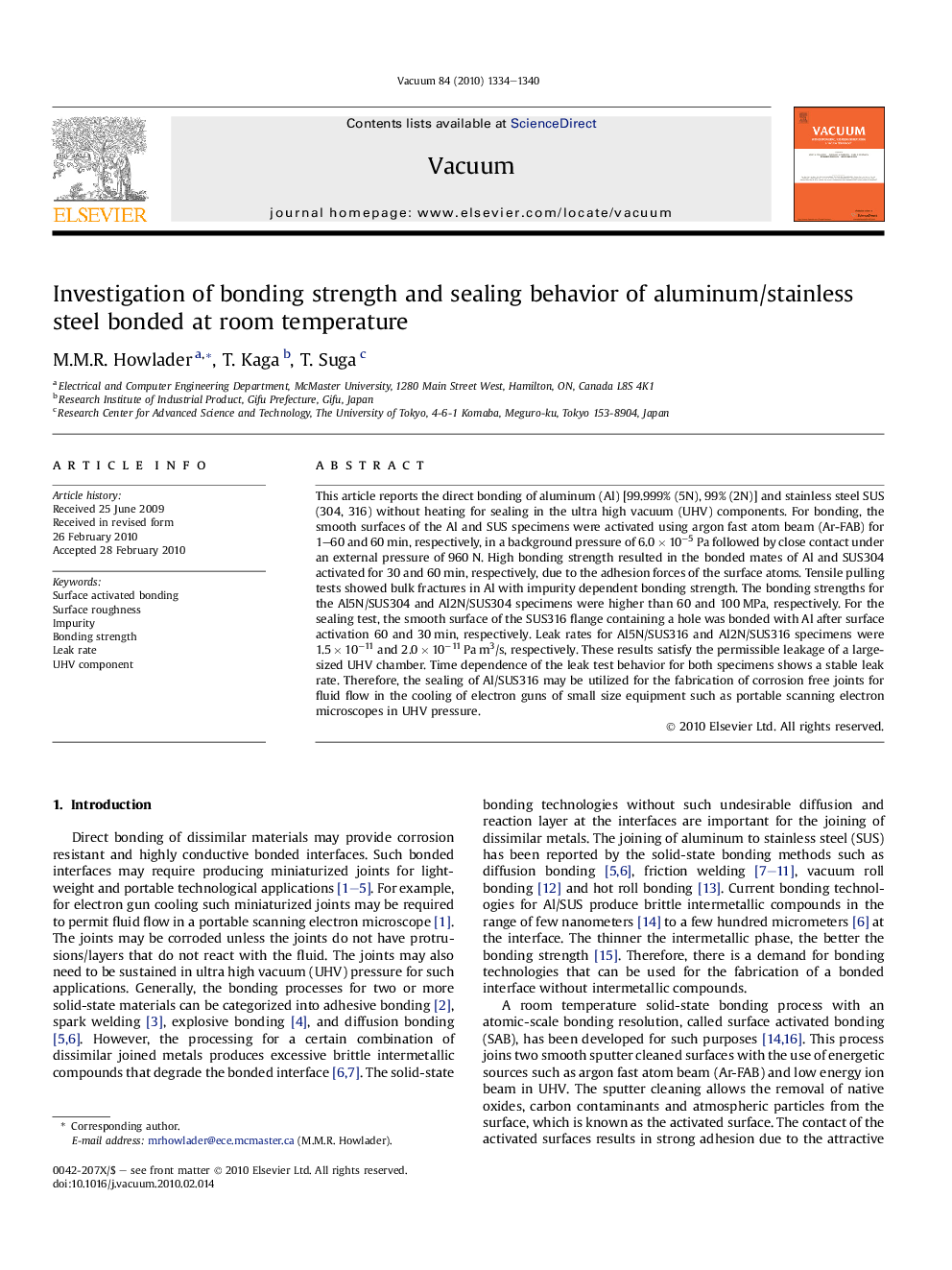 Investigation of bonding strength and sealing behavior of aluminum/stainless steel bonded at room temperature