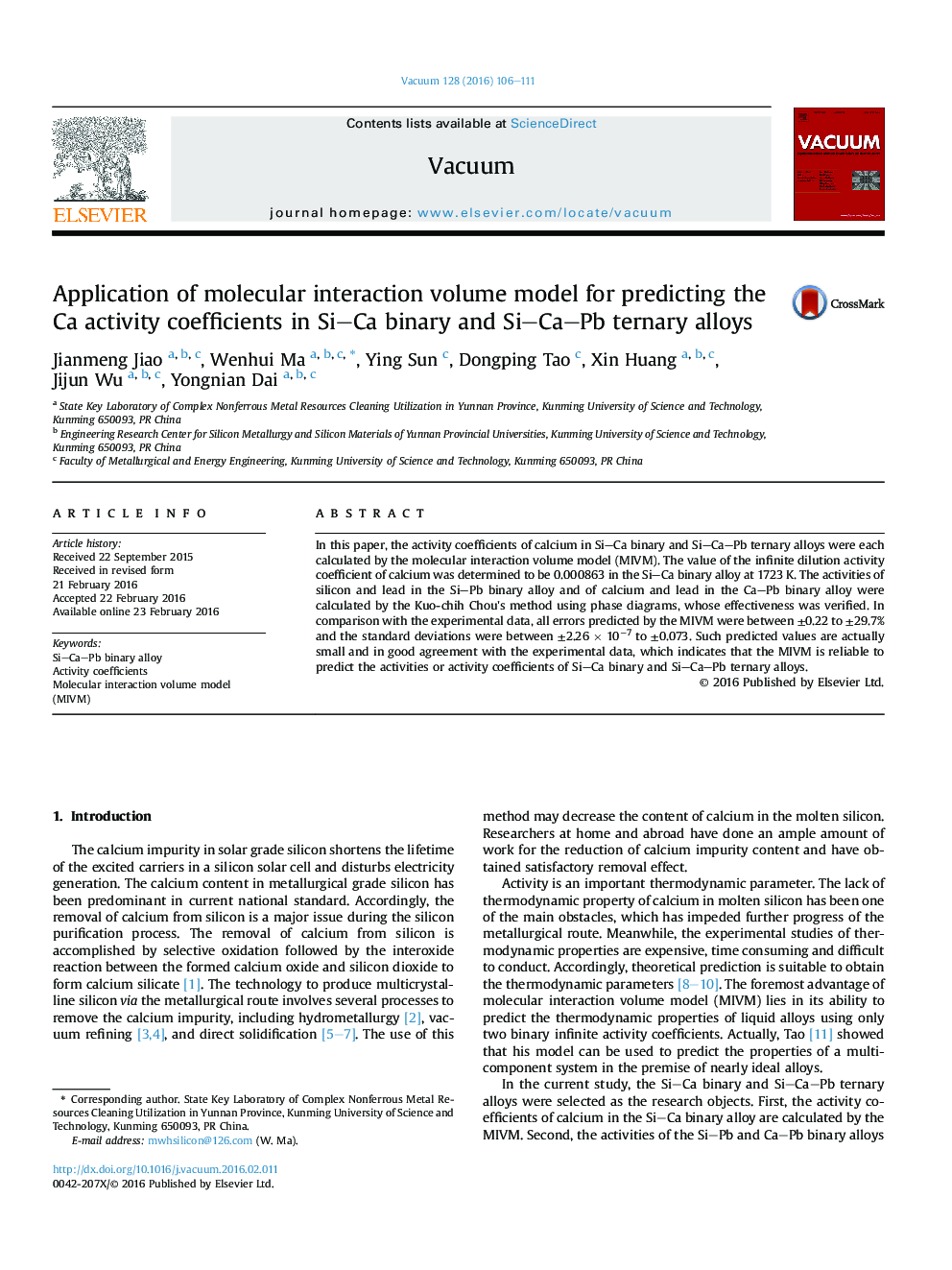 Application of molecular interaction volume model for predicting the Ca activity coefficients in SiCa binary and SiCaPb ternary alloys