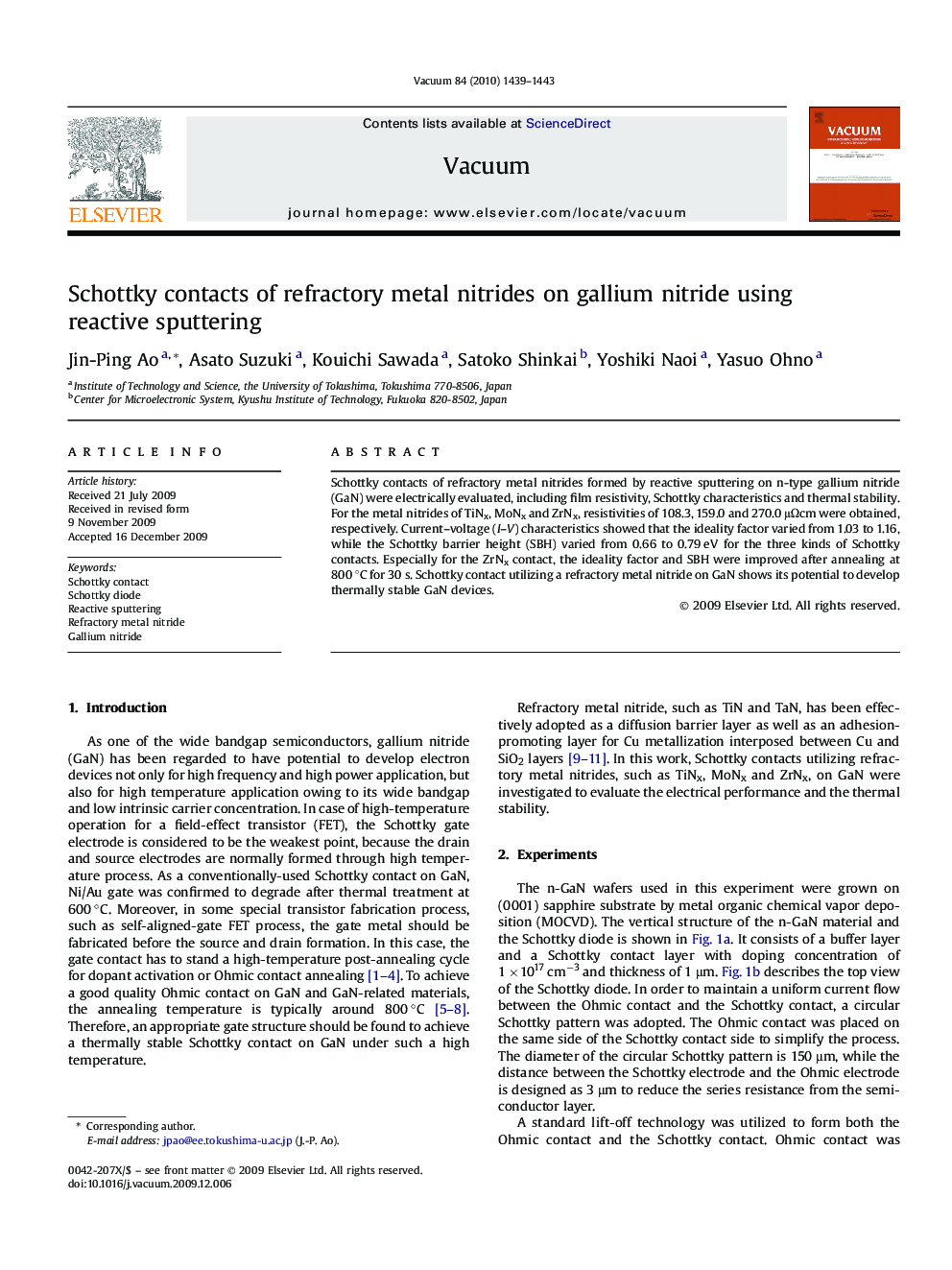 عکس صفحه اول مقاله: Schottky contacts of refractory metal nitrides on gallium nitride using reactive sputtering Schottky contacts of refractory metal nitrides on gallium nitride using reactive sputtering