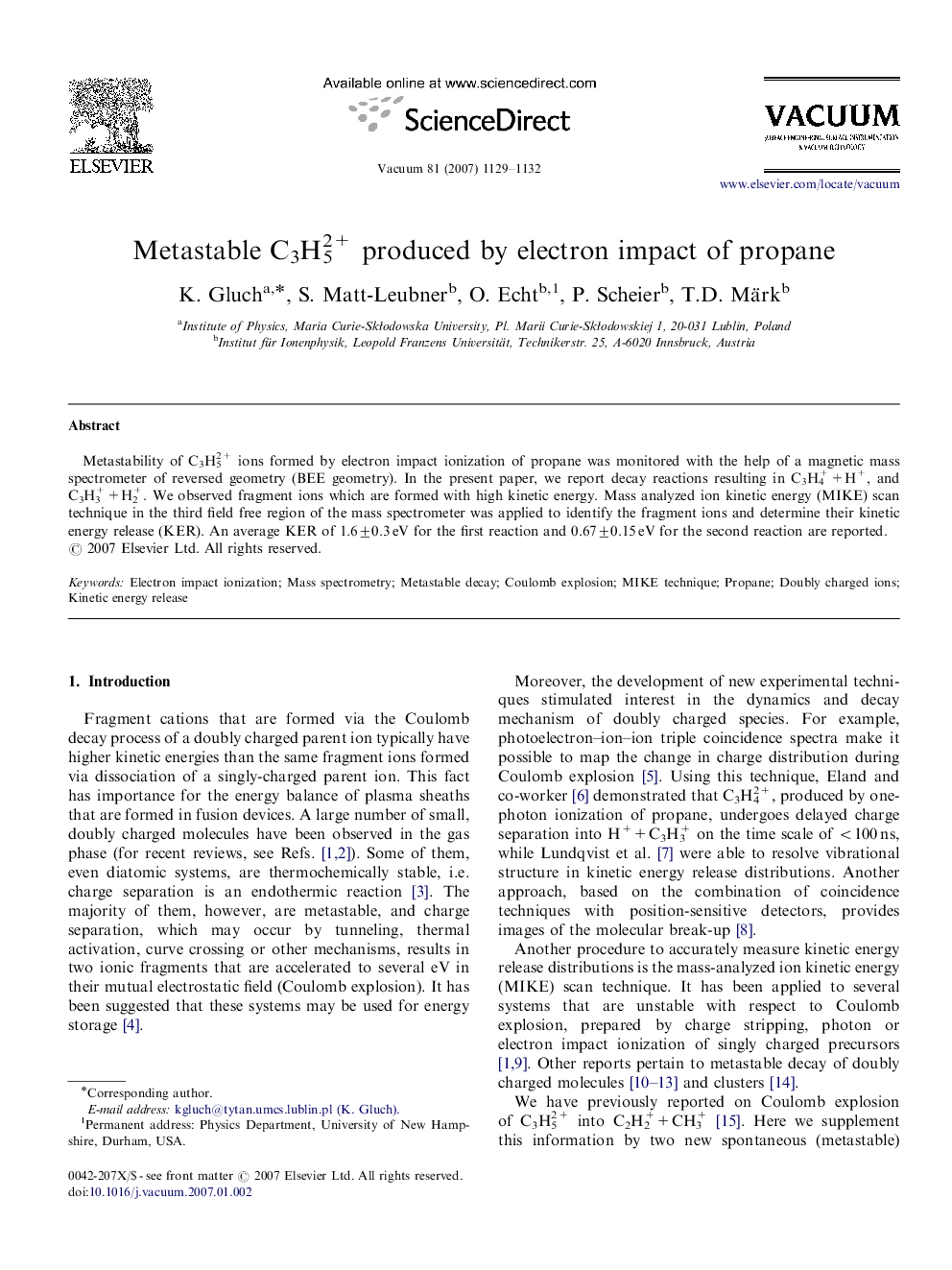 Metastable C3H52+ produced by electron impact of propane