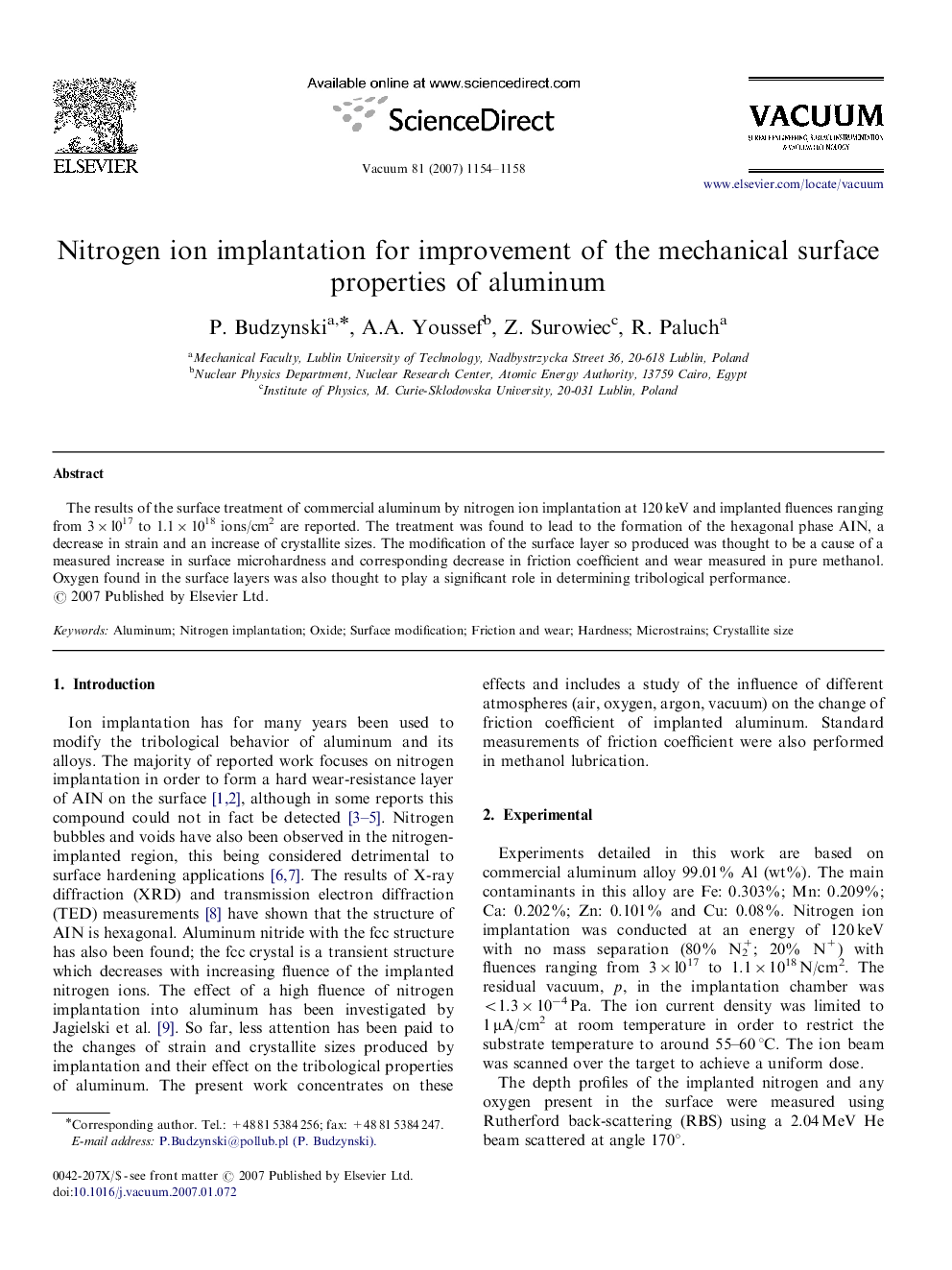 Nitrogen ion implantation for improvement of the mechanical surface properties of aluminum