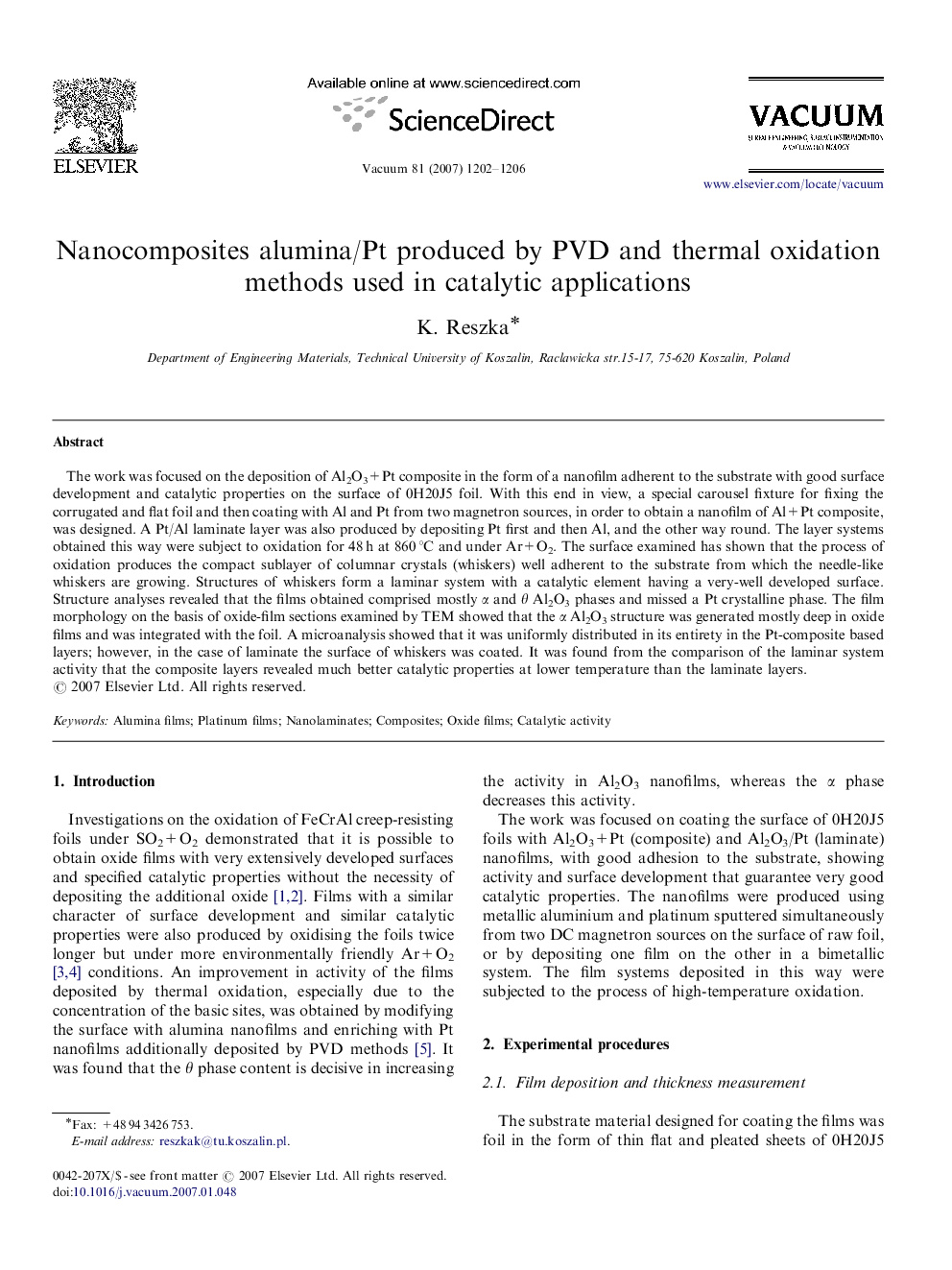 Nanocomposites alumina/Pt produced by PVD and thermal oxidation methods used in catalytic applications