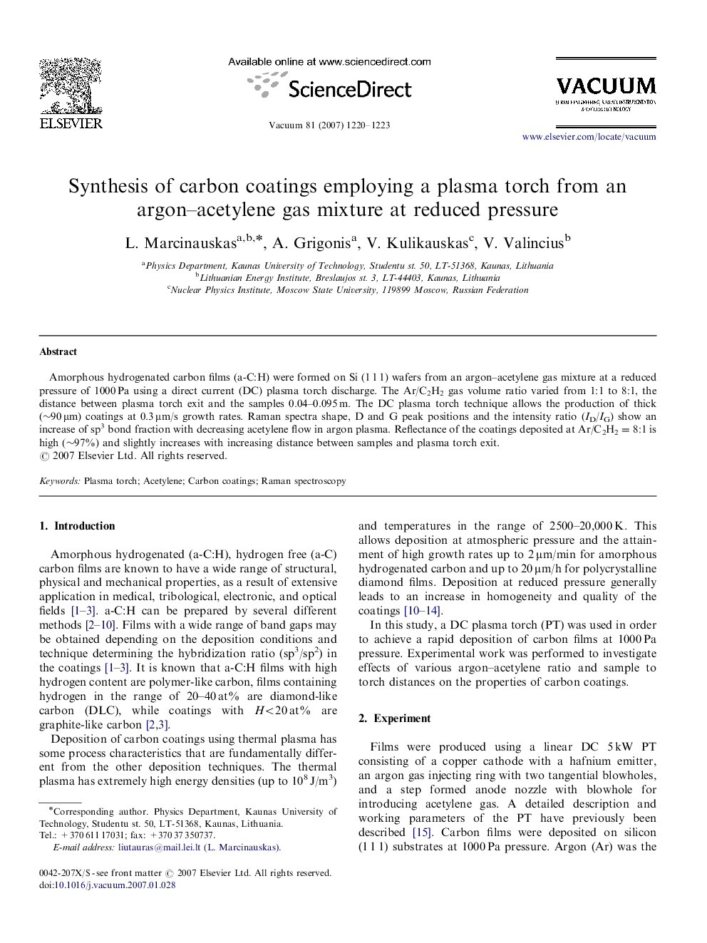 Synthesis of carbon coatings employing a plasma torch from an argon–acetylene gas mixture at reduced pressure