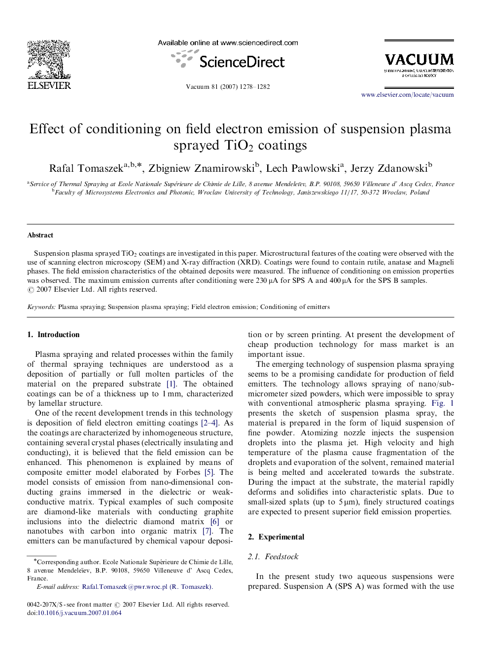 Effect of conditioning on field electron emission of suspension plasma sprayed TiO2TiO2 coatings