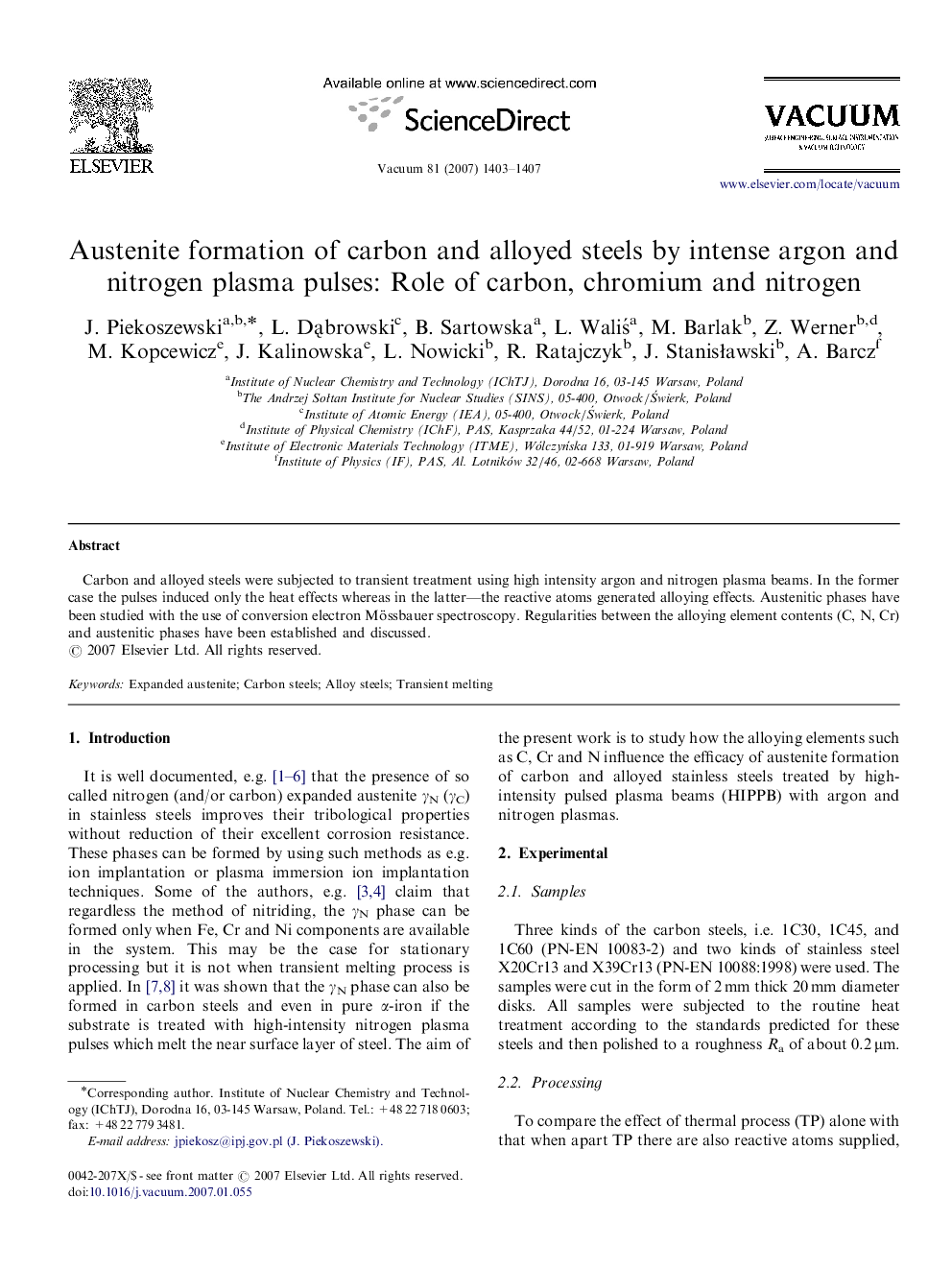 عکس صفحه اول مقاله: Austenite formation of carbon and alloyed steels by intense argon and nitrogen plasma pulses: Role of carbon, chromium and nitrogen Austenite formation of carbon and alloyed steels by intense argon and nitrogen plasma pulses: Role of carbon, chromium and nitrogen