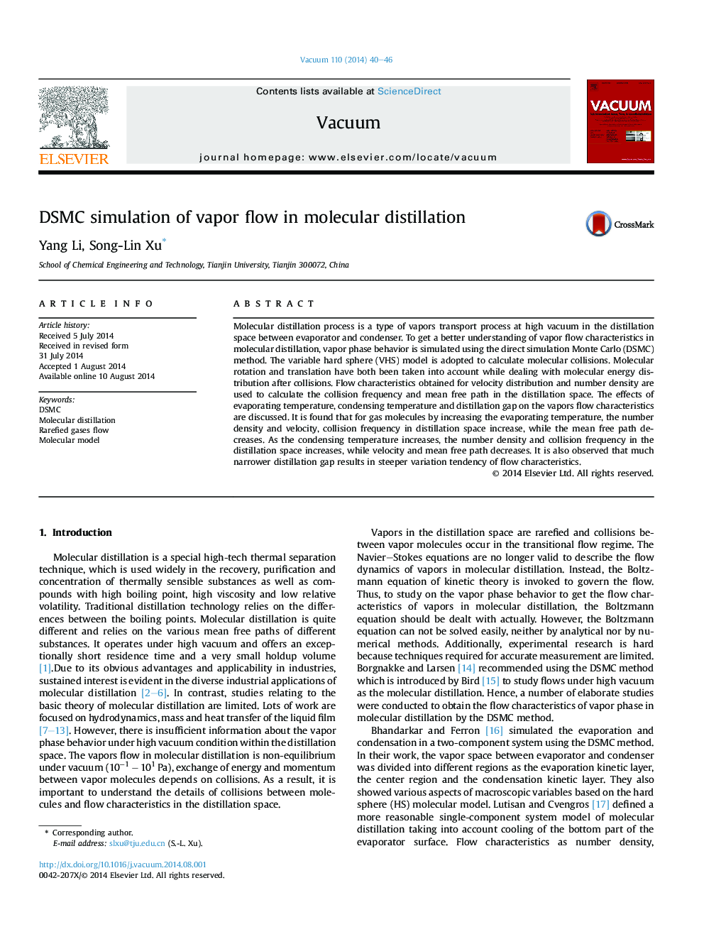 DSMC simulation of vapor flow in molecular distillation