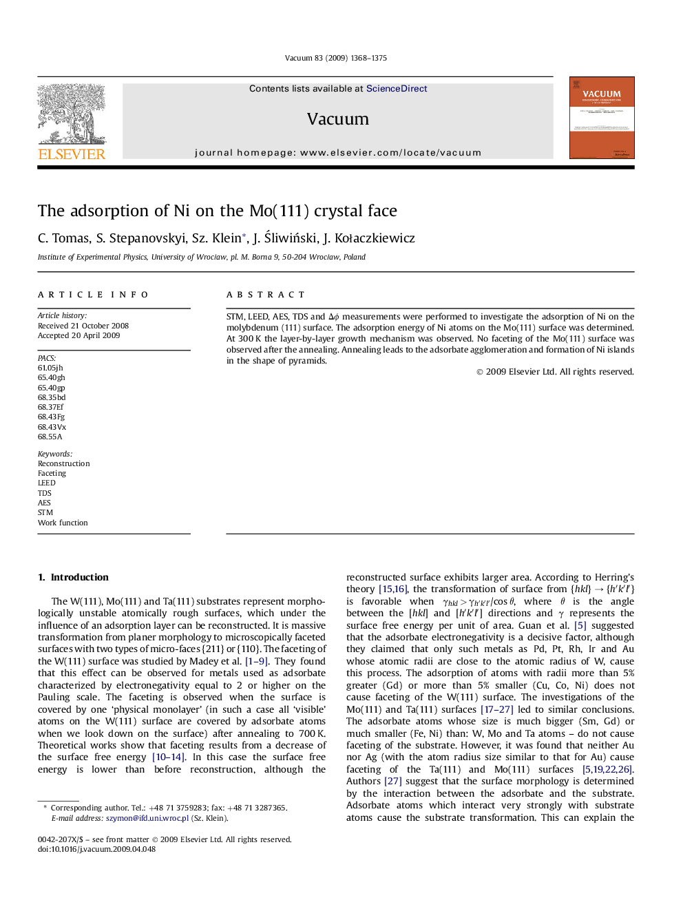 The adsorption of Ni on the Mo(111) crystal face