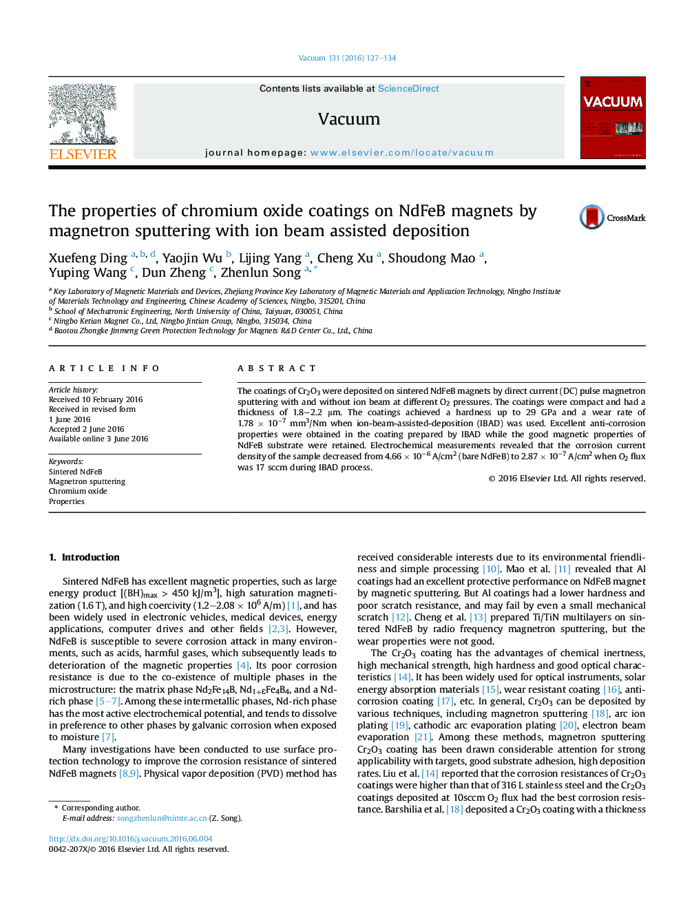 The properties of chromium oxide coatings on NdFeB magnets by magnetron sputtering with ion beam assisted deposition