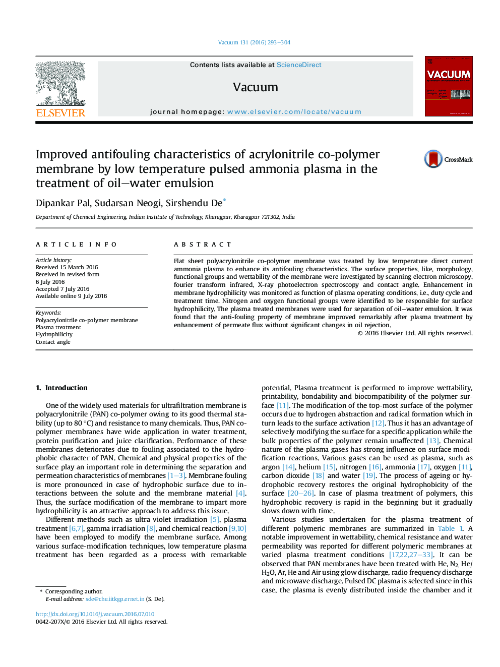 ویژگی های ضد انفجار بهبود یافته غشاء پلی اتیلن اکریلونیتریل با پلاسما آمونیاک پالس پایین در درمان امولسیون آب روغن 