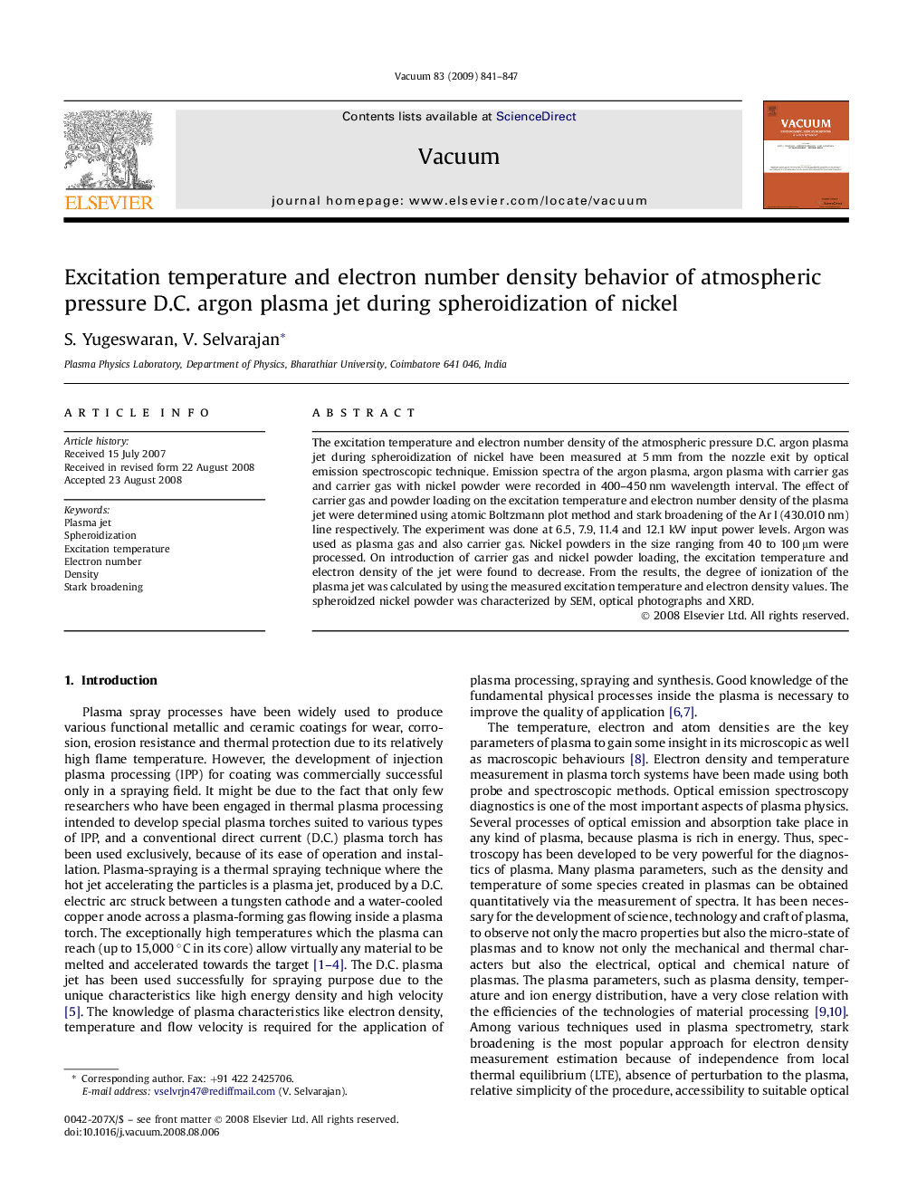 Excitation temperature and electron number density behavior of atmospheric pressure D.C. argon plasma jet during spheroidization of nickel