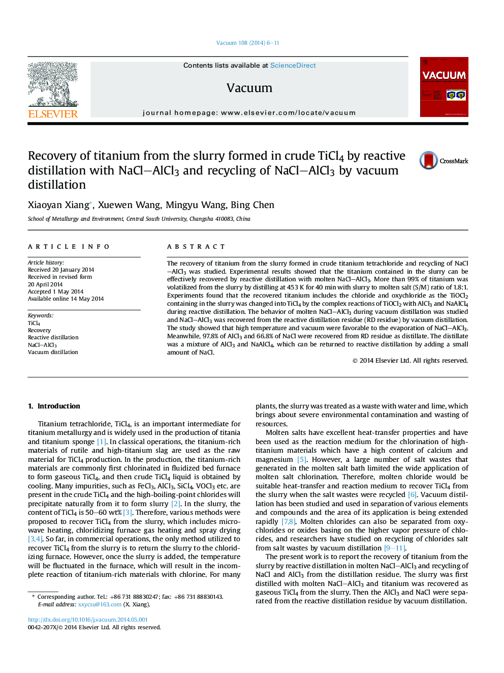 Recovery of titanium from the slurry formed in crude TiCl4 by reactive distillation with NaCl–AlCl3 and recycling of NaCl–AlCl3 by vacuum distillation