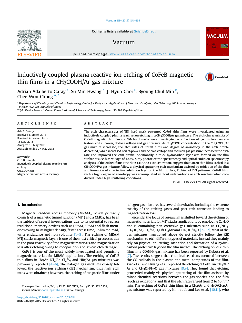 Inductively coupled plasma reactive ion etching of CoFeB magnetic thin films in a CH3COOH/Ar gas mixture