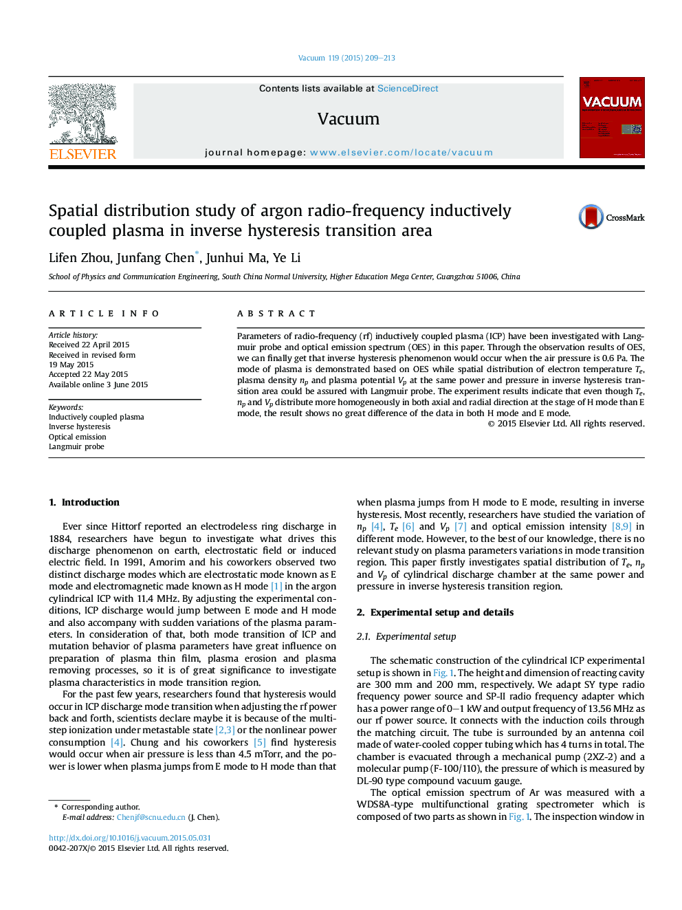 Spatial distribution study of argon radio-frequency inductively coupled plasma in inverse hysteresis transition area