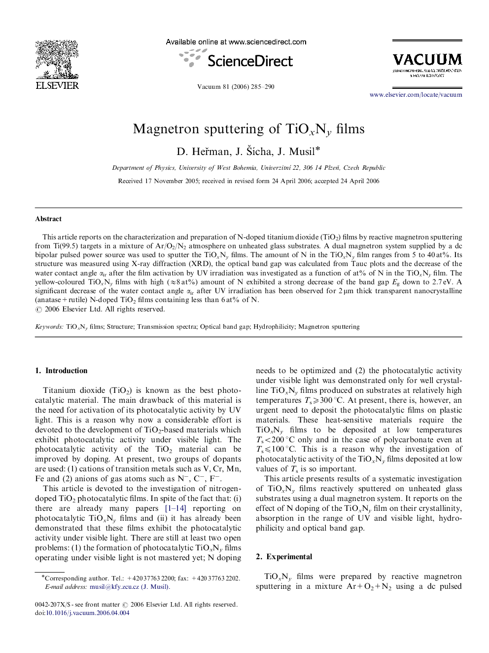 Magnetron sputtering of TiOxNy films