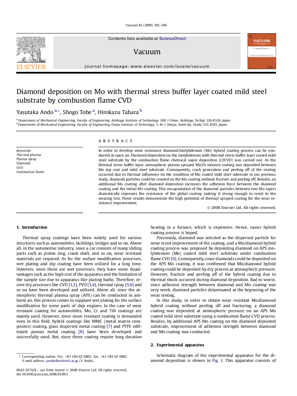 Diamond deposition on Mo with thermal stress buffer layer coated mild steel substrate by combustion flame CVD