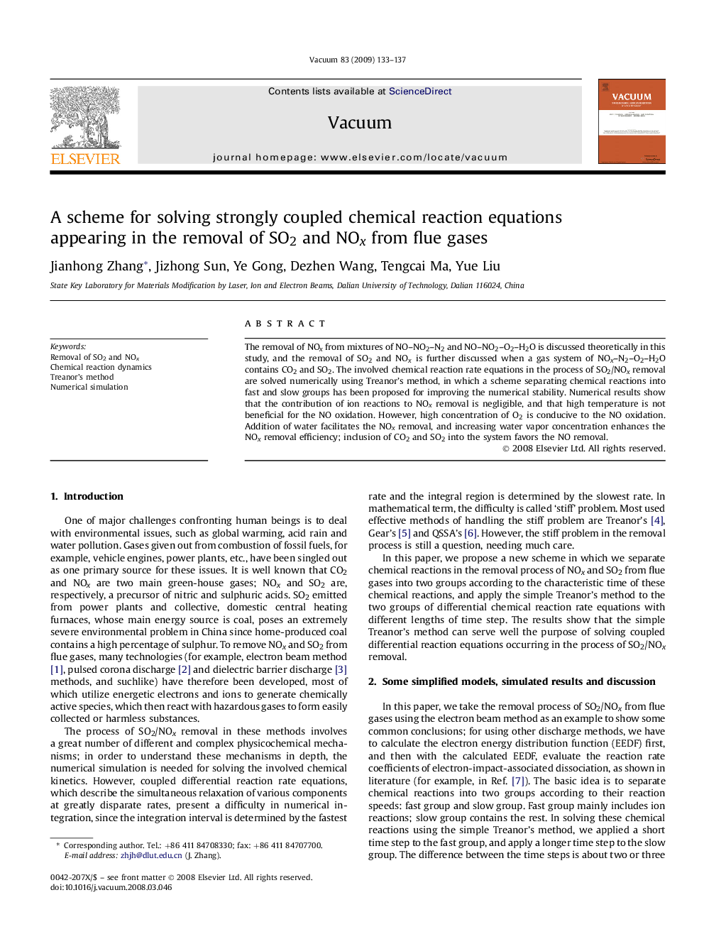 A scheme for solving strongly coupled chemical reaction equations appearing in the removal of SO2 and NOx from flue gases