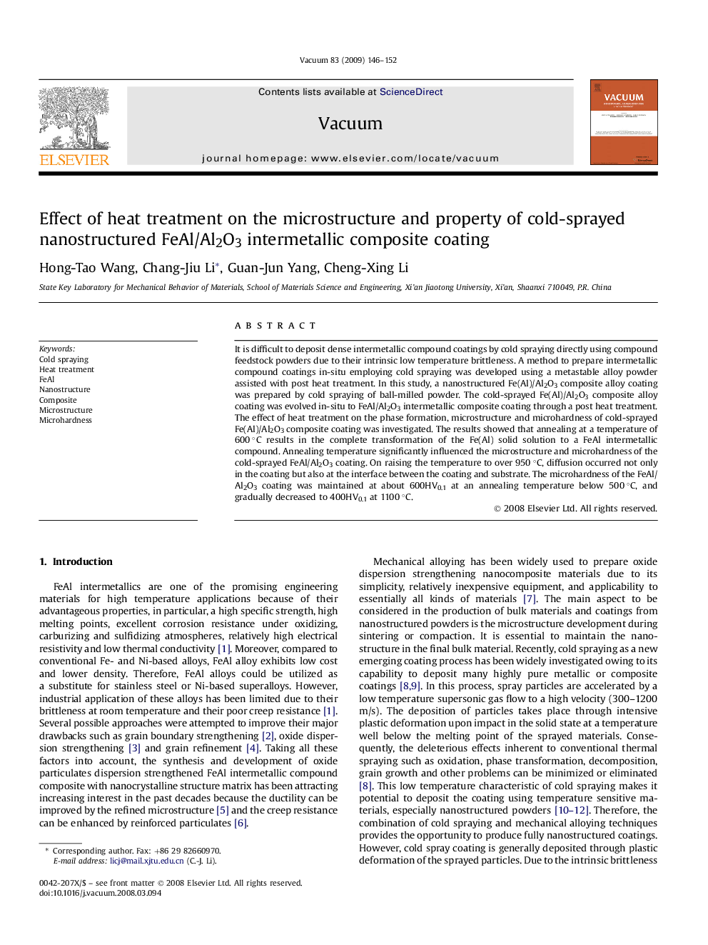 عکس صفحه اول مقاله: Effect of heat treatment on the microstructure and property of cold-sprayed nanostructured FeAl/Al2O3 intermetallic composite coating Effect of heat treatment on the microstructure and property of cold-sprayed nanostructured FeAl/Al2O3 intermetallic composite coating