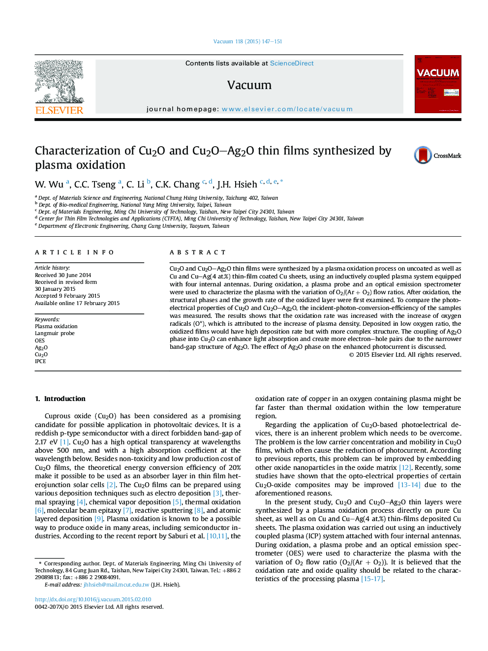 Characterization of Cu2O and Cu2O-Ag2O thin films synthesized by plasma oxidation