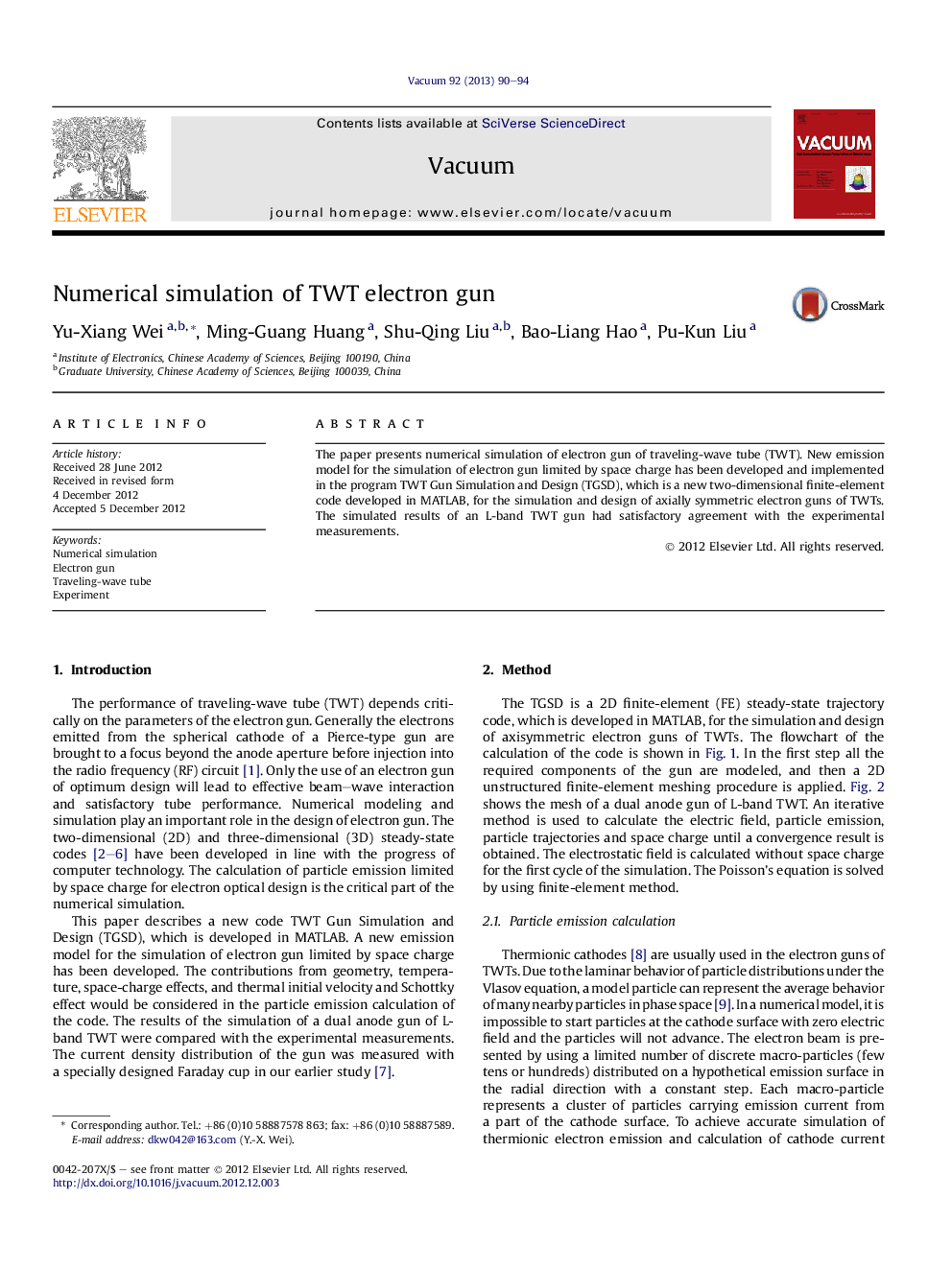 Numerical simulation of TWT electron gun