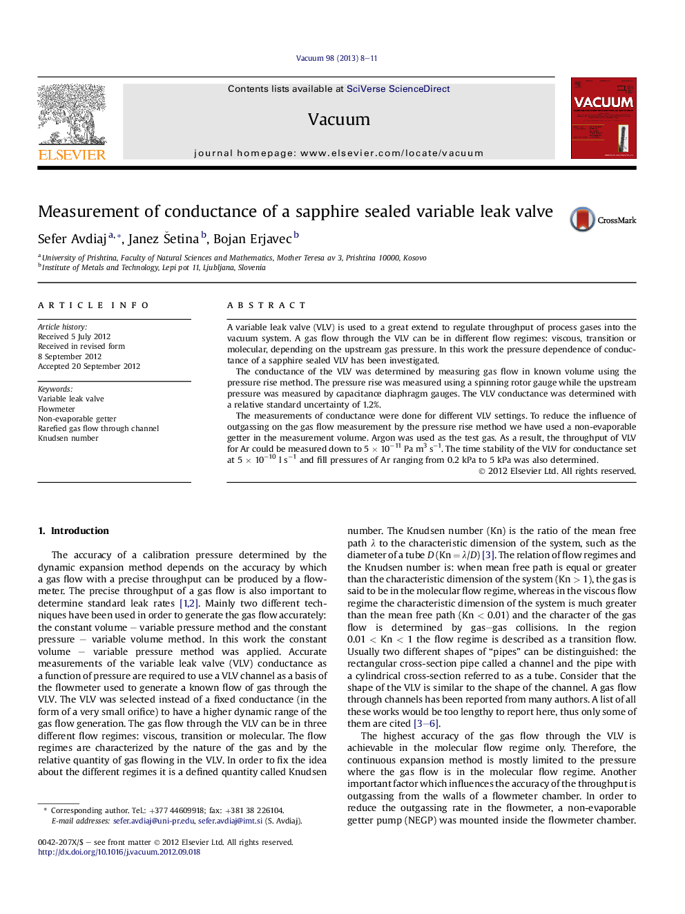 Measurement of conductance of a sapphire sealed variable leak valve