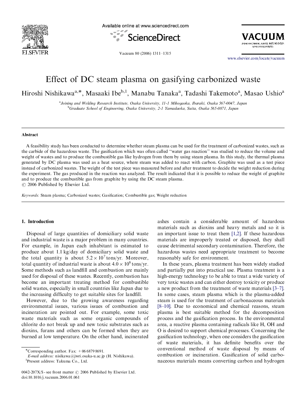 Effect of DC steam plasma on gasifying carbonized waste