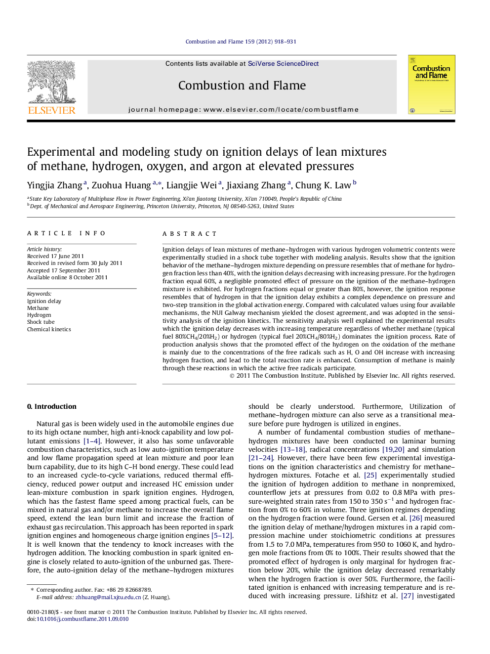 Experimental and modeling study on ignition delays of lean mixtures of methane, hydrogen, oxygen, and argon at elevated pressures