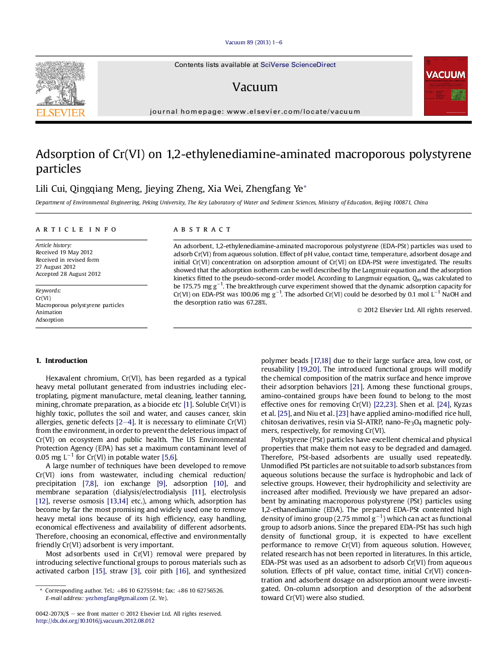 Adsorption of Cr(VI) on 1,2-ethylenediamine-aminated macroporous polystyrene particles