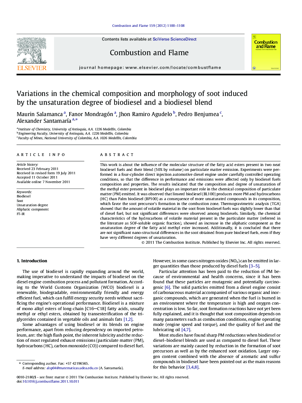 Variations in the chemical composition and morphology of soot induced by the unsaturation degree of biodiesel and a biodiesel blend