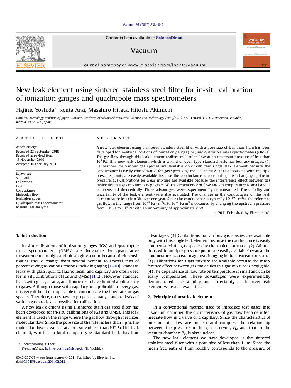 New leak element using sintered stainless steel filter for in-situ calibration of ionization gauges and quadrupole mass spectrometers